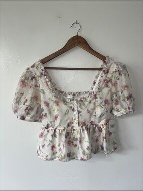 NEW Altar’d State Floral Ivory Puff Sleeve Crop Top Shirt Girly Summer Size XL